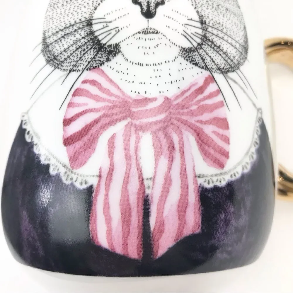 Pier 1 Fancy Cat Black White Pink Stripe Bow Double Sided Graphic China Mug